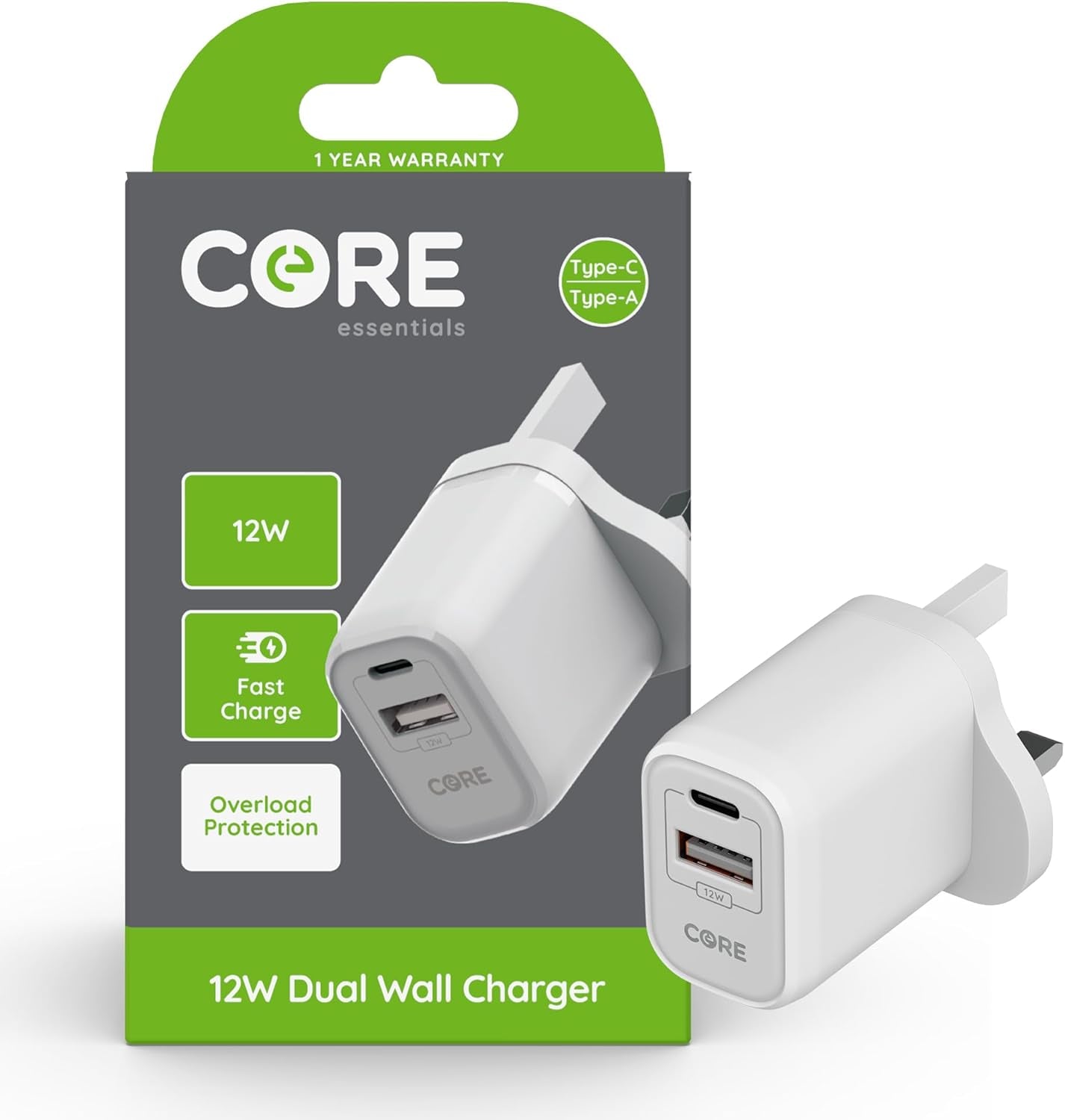| Dual USB a + USB C Wall Charger Plug | Fast Charging 12W | Smartphone & Device Charging Plug | Charges Two Devices at Once | White