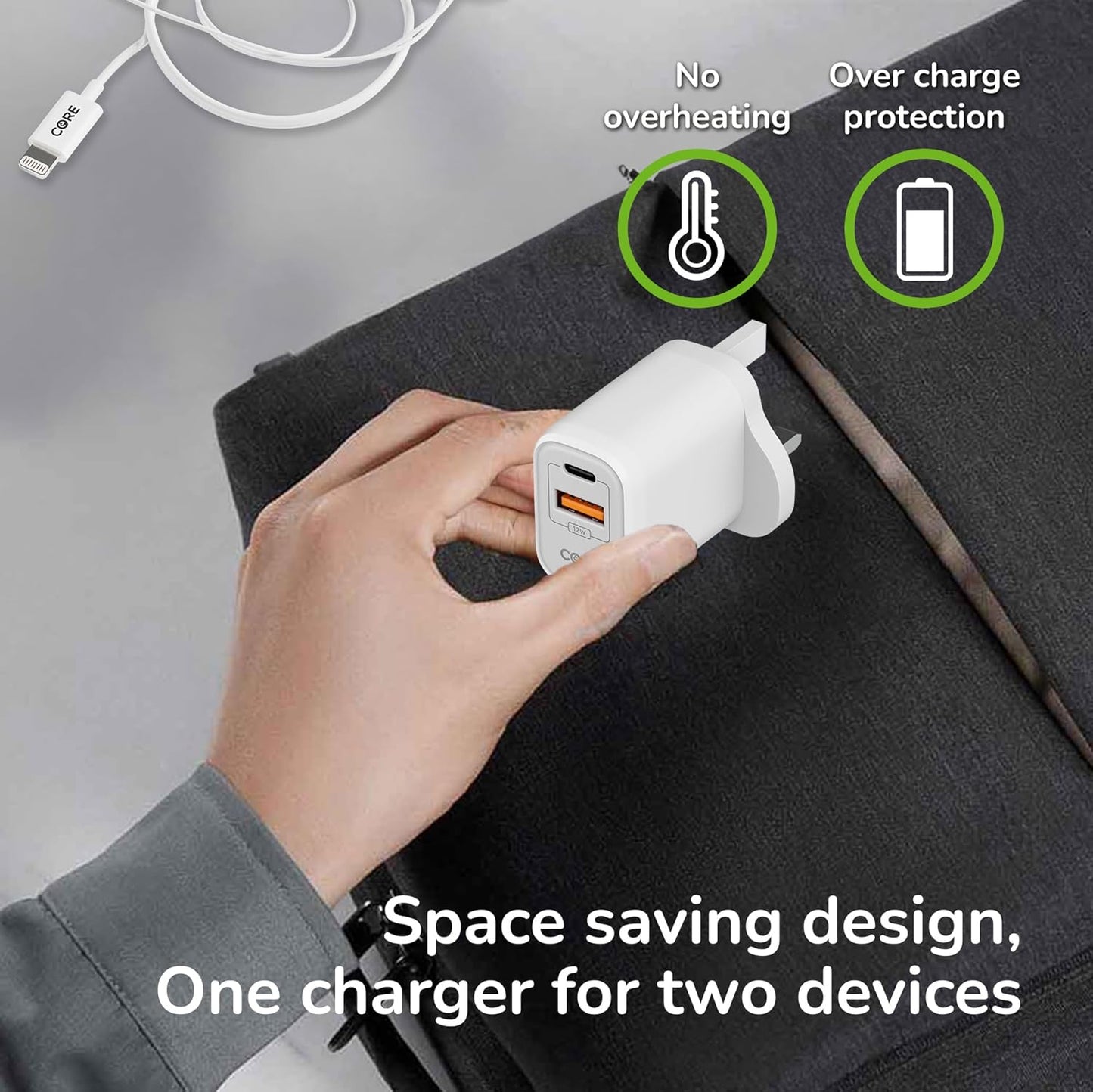 | Dual USB a + USB C Wall Charger Plug | Fast Charging 12W | Smartphone & Device Charging Plug | Charges Two Devices at Once | White