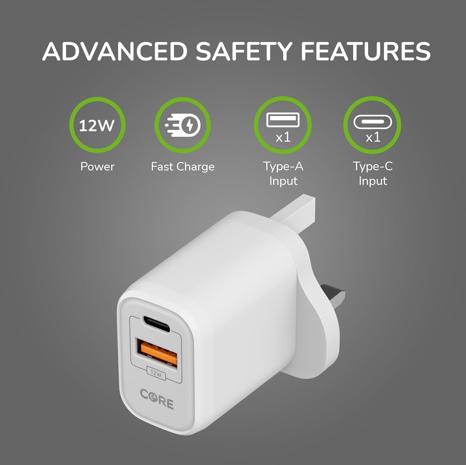 | Dual USB a + USB C Wall Charger Plug | Fast Charging 12W | Smartphone & Device Charging Plug | Charges Two Devices at Once | White