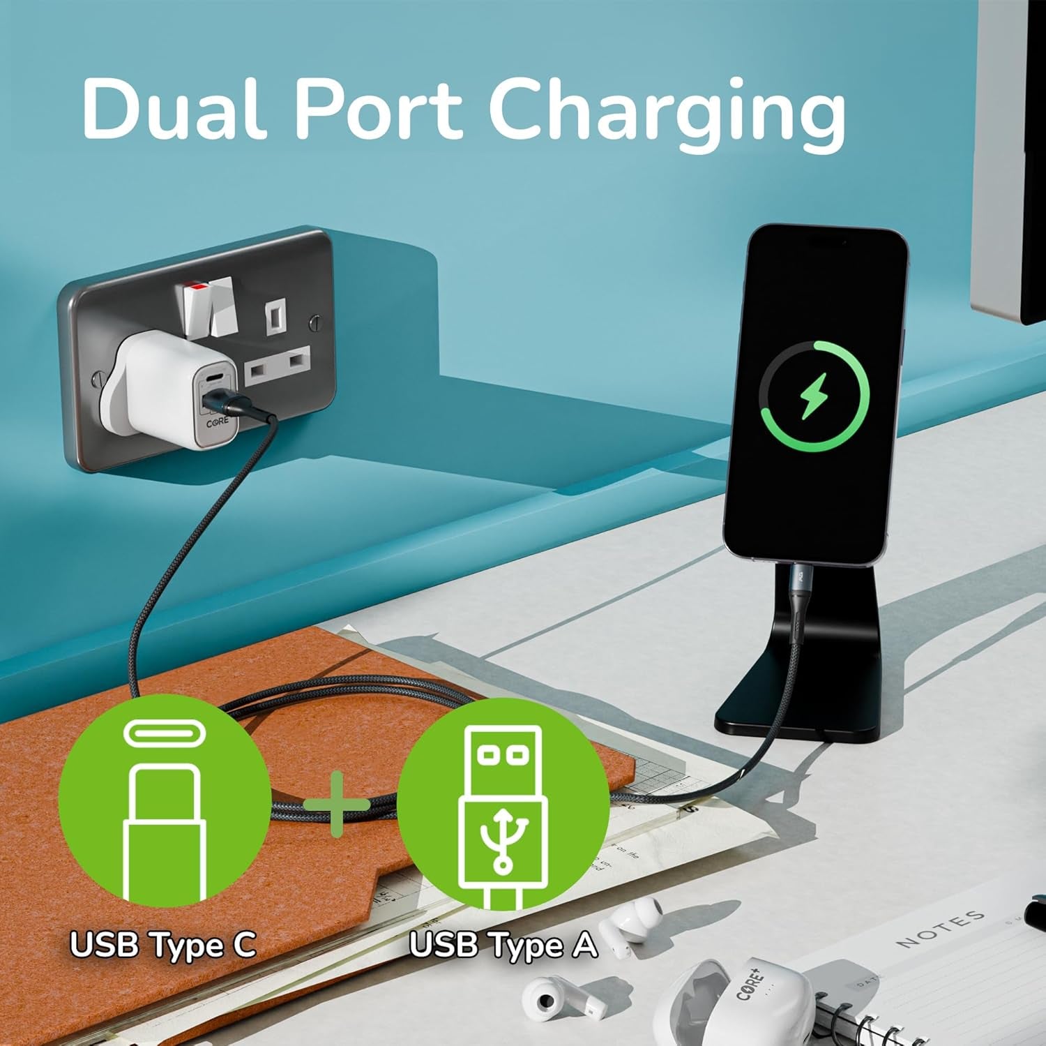 | Dual USB a + USB C Wall Charger Plug | Fast Charging 12W | Smartphone & Device Charging Plug | Charges Two Devices at Once | White