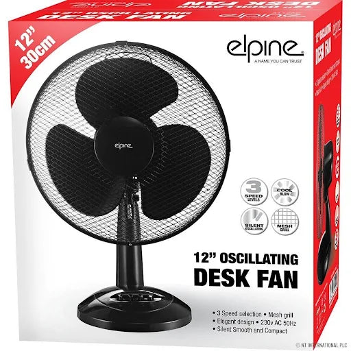 Elpine Black 12” Desk Fan Oscillating 3 Speed Heavy Duty Mesh Grill Home UK Pin Plug
