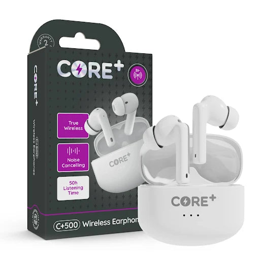 Core+ | C+500 Wireless Ergonomic Headphones 50 Hour Listening Time | Snug Fit Earbuds | Noise Cancelling | Bluetooth Connect