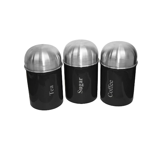 3Pcs Stainless Steel Black Dome Canister Tea Coffee Sugar Kitchen Storage Canister Jar Pot Set Black (Black)