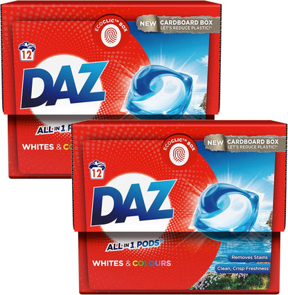Daz All-In-One Laundry Pods 12W - Whites & Colours, Pack of 2 - Deep Clean, Fresh Scent, Eco-Friendly ECOCLIC Box