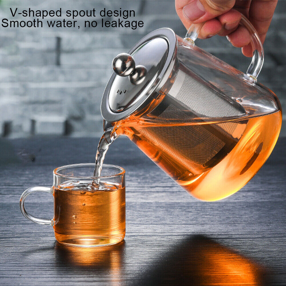 Heat Resistant Clear Glass Teapot Jug With Infuser Coffee Tea Leaf Herbal Pot UK