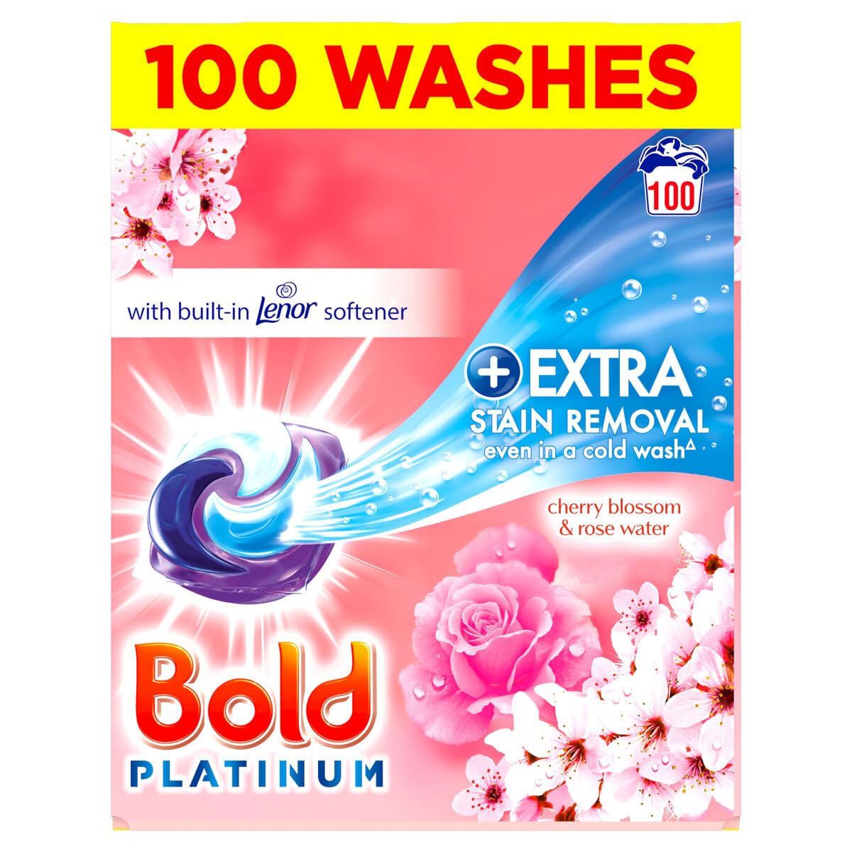 Bold Platinum Pods, Laundry Detergent, Washing Liquid Pods/Capsules, 100 Washes - Cherry Blossom & Rose Water - Extra Stain Removal Even in a Cold Wash