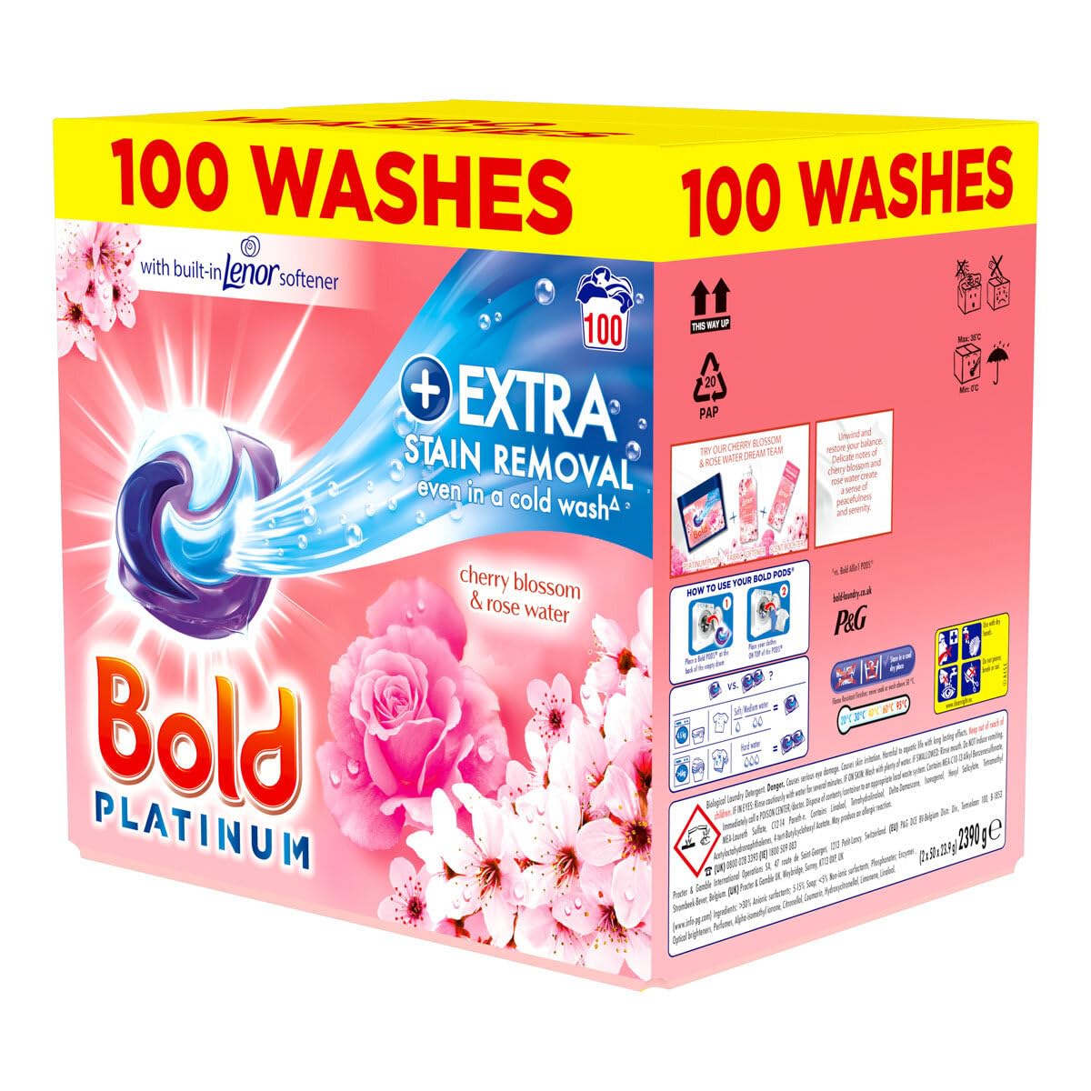 Bold Platinum Pods, Laundry Detergent, Washing Liquid Pods/Capsules, 100 Washes - Cherry Blossom & Rose Water - Extra Stain Removal Even in a Cold Wash
