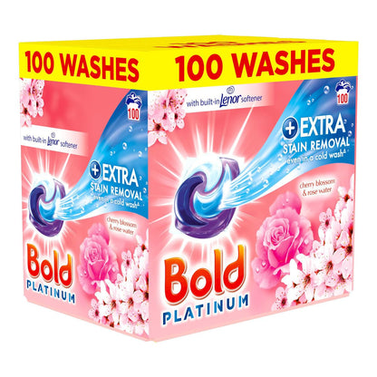 Bold Platinum Pods, Laundry Detergent, Washing Liquid Pods/Capsules, 100 Washes - Cherry Blossom & Rose Water - Extra Stain Removal Even in a Cold Wash