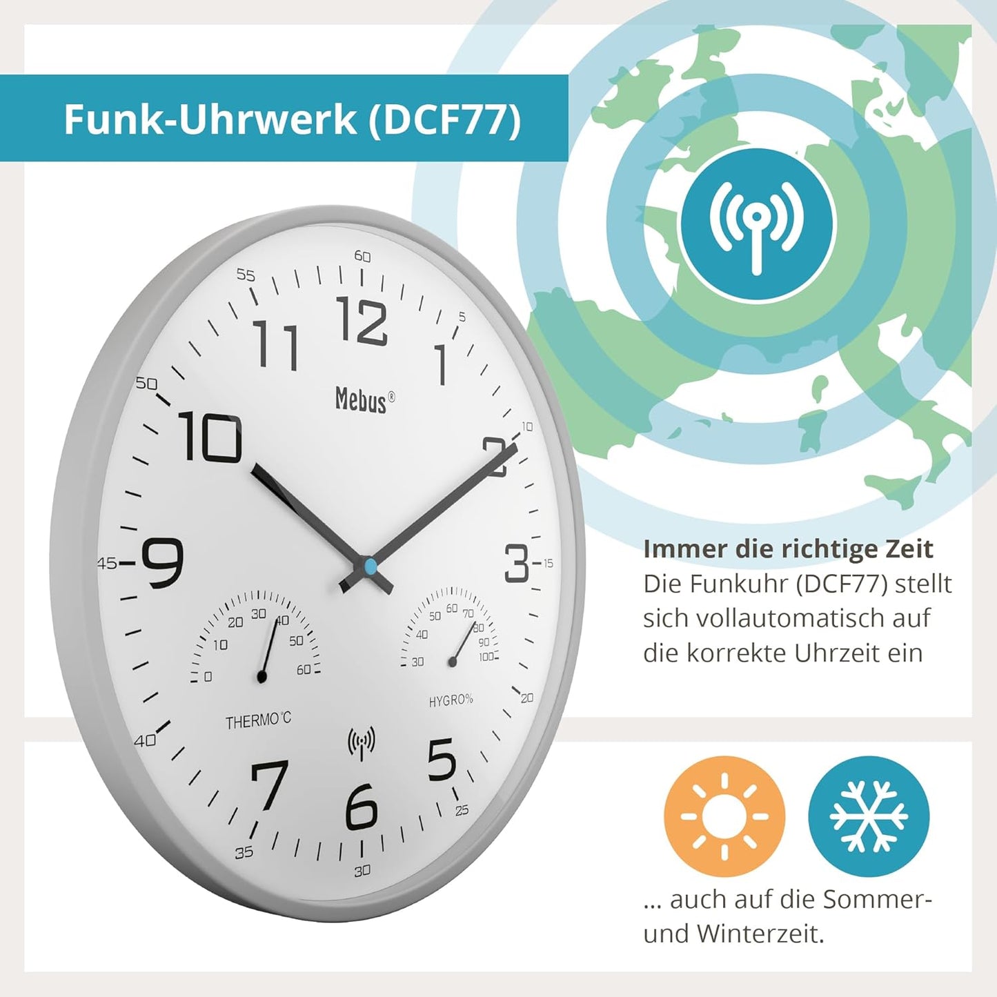 Wireless Wall Clock, Gray, 30 Cm