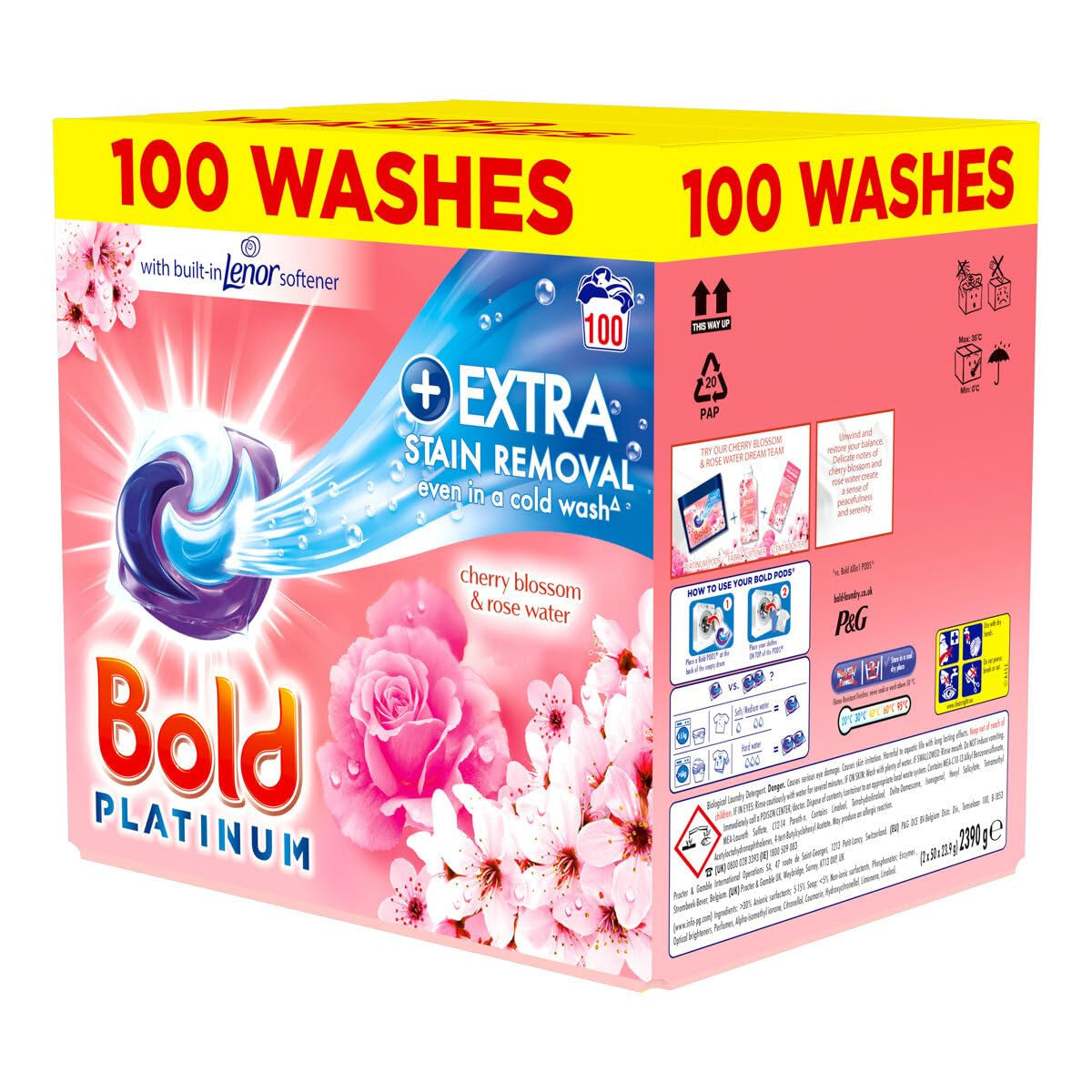 Bold Platinum Pods, Laundry Detergent, Washing Liquid Pods/Capsules, 100 Washes - Cherry Blossom & Rose Water - Extra Stain Removal Even in a Cold Wash