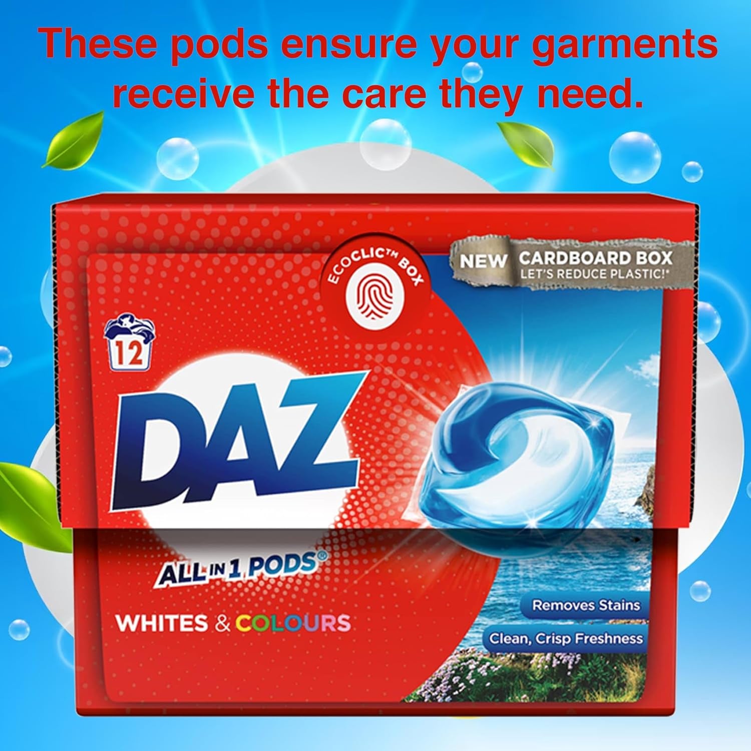 Daz All-In-One Laundry Pods 12W - Whites & Colours, Pack of 2 - Deep Clean, Fresh Scent, Eco-Friendly ECOCLIC Box