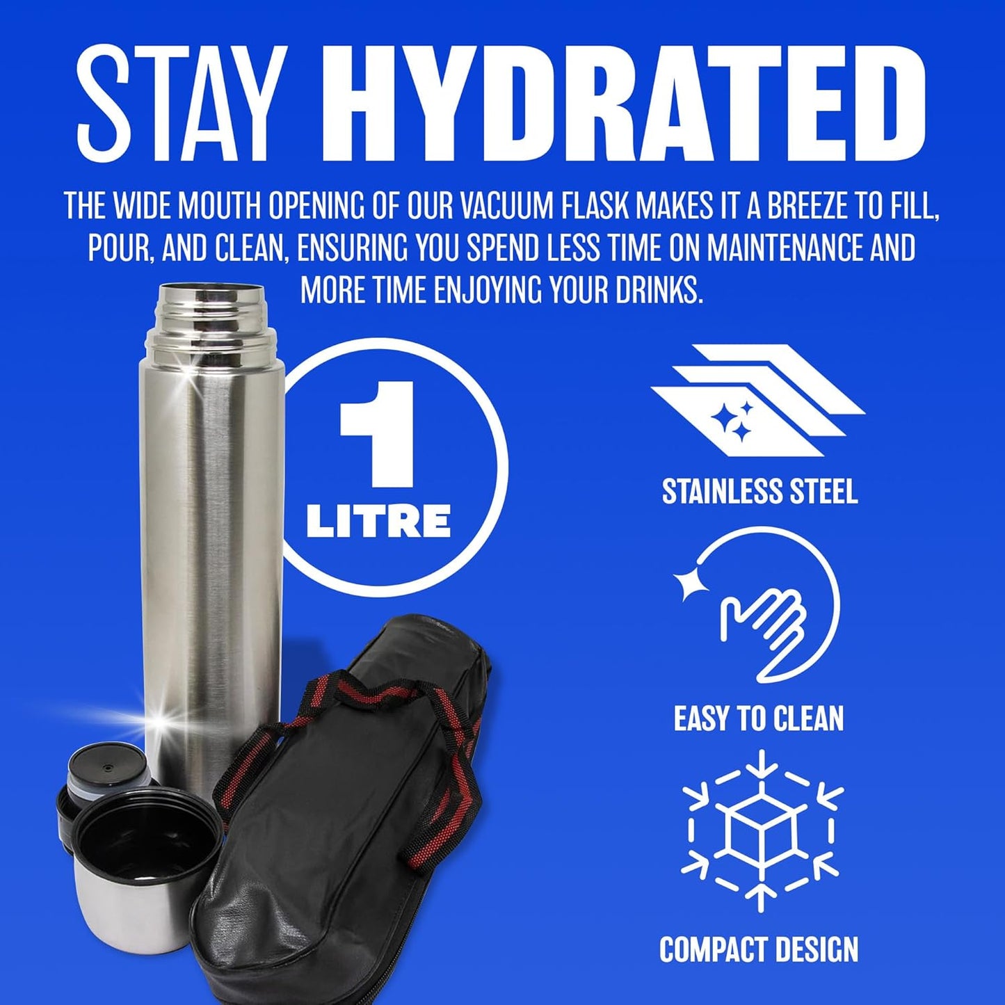 1L Stainless Steel Flask - Keeps Drinks Hot & Cold, with Carry Case, Vacuum Insulated Thermos, Perfect for Sports, Outdoor, Hiking, Travel, Office, Leakproof Lid Serves as a Cup, 1000Ml