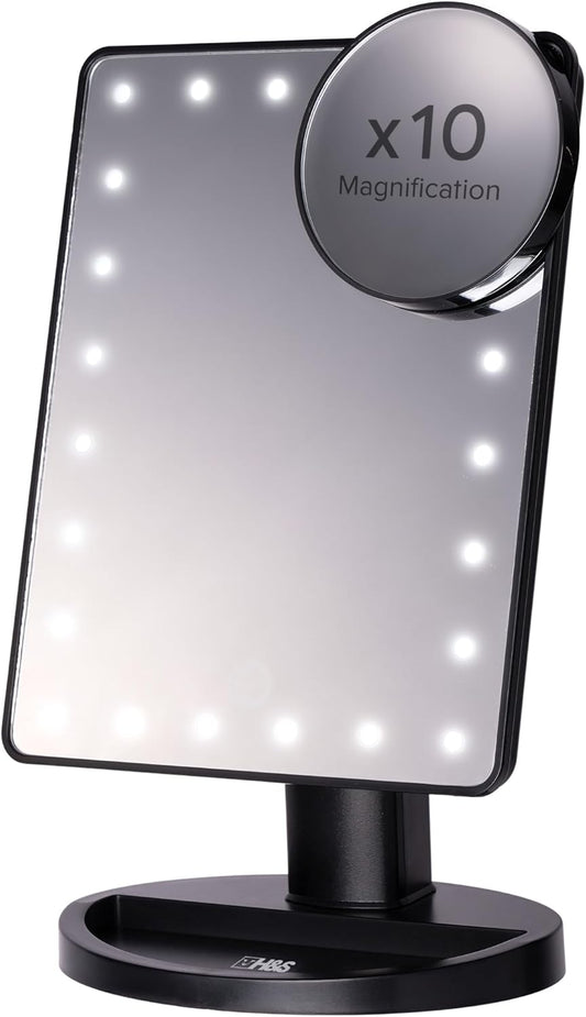 Makeup Mirror with Lights - Light up Vanity Mirror for Dressing Table Bathroom Desk - Battery Operated with LED Lights - Includes Detachable 10X Magnifying Mirror - Black