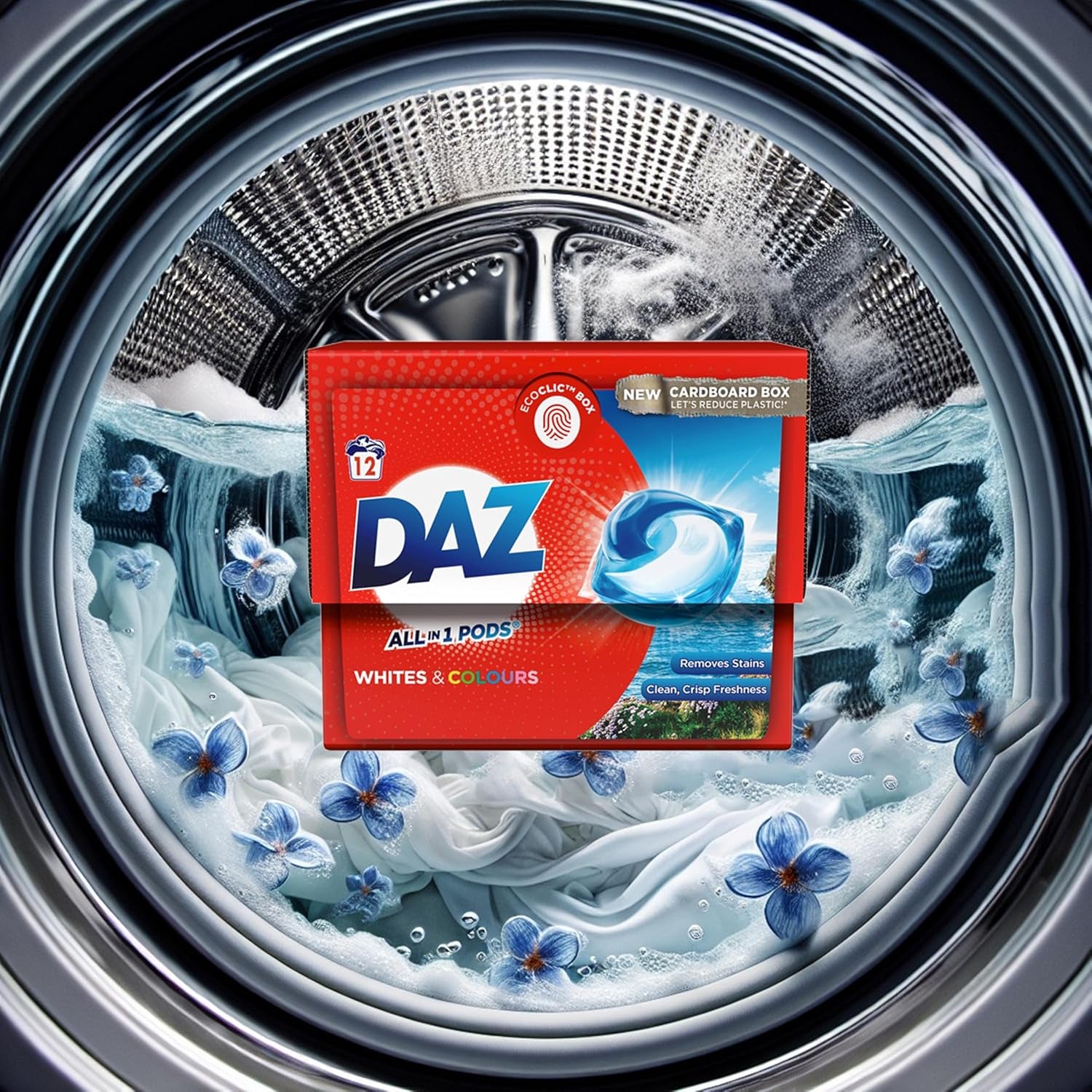 Daz All-In-One Laundry Pods 12W - Whites & Colours, Pack of 2 - Deep Clean, Fresh Scent, Eco-Friendly ECOCLIC Box