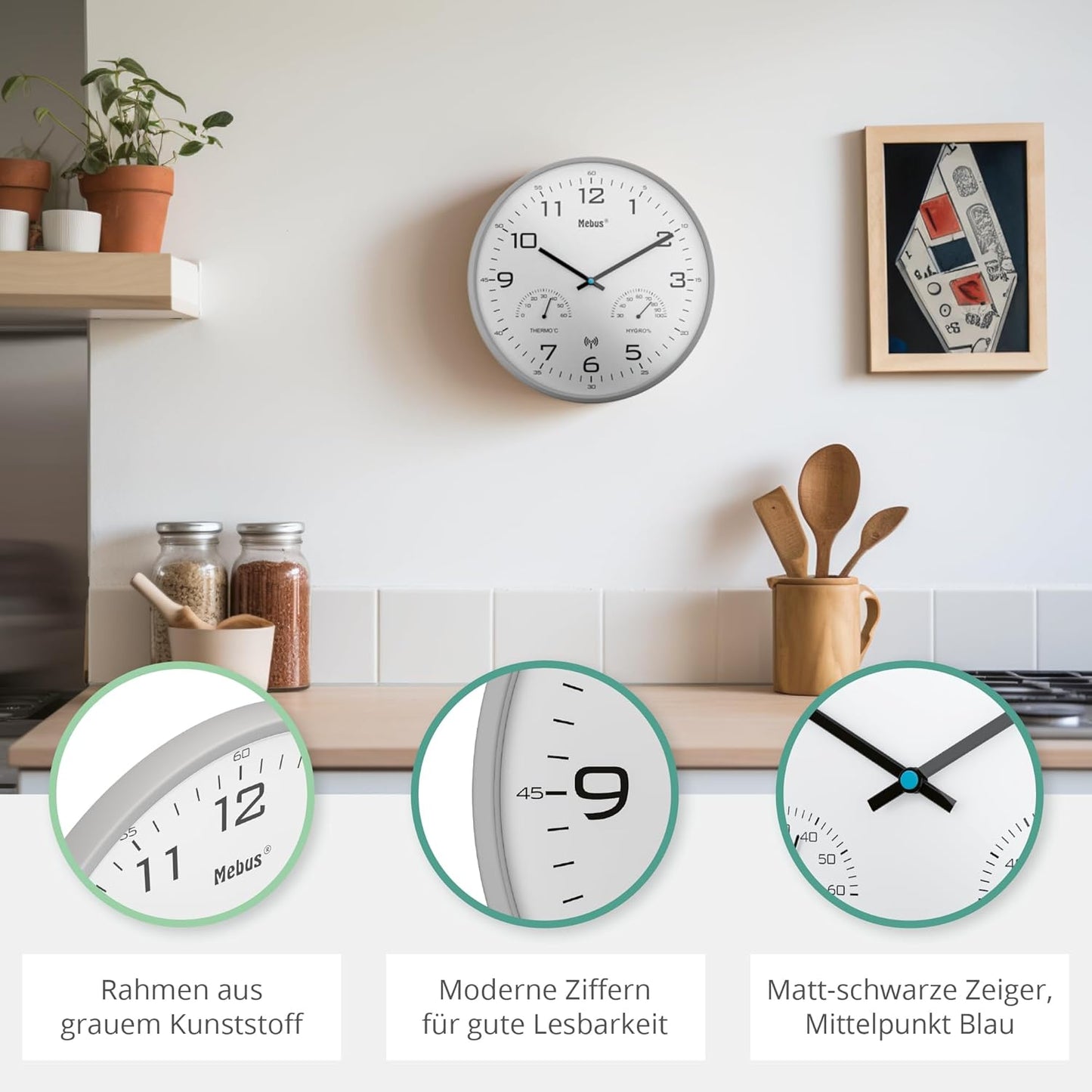 Wireless Wall Clock, Gray, 30 Cm