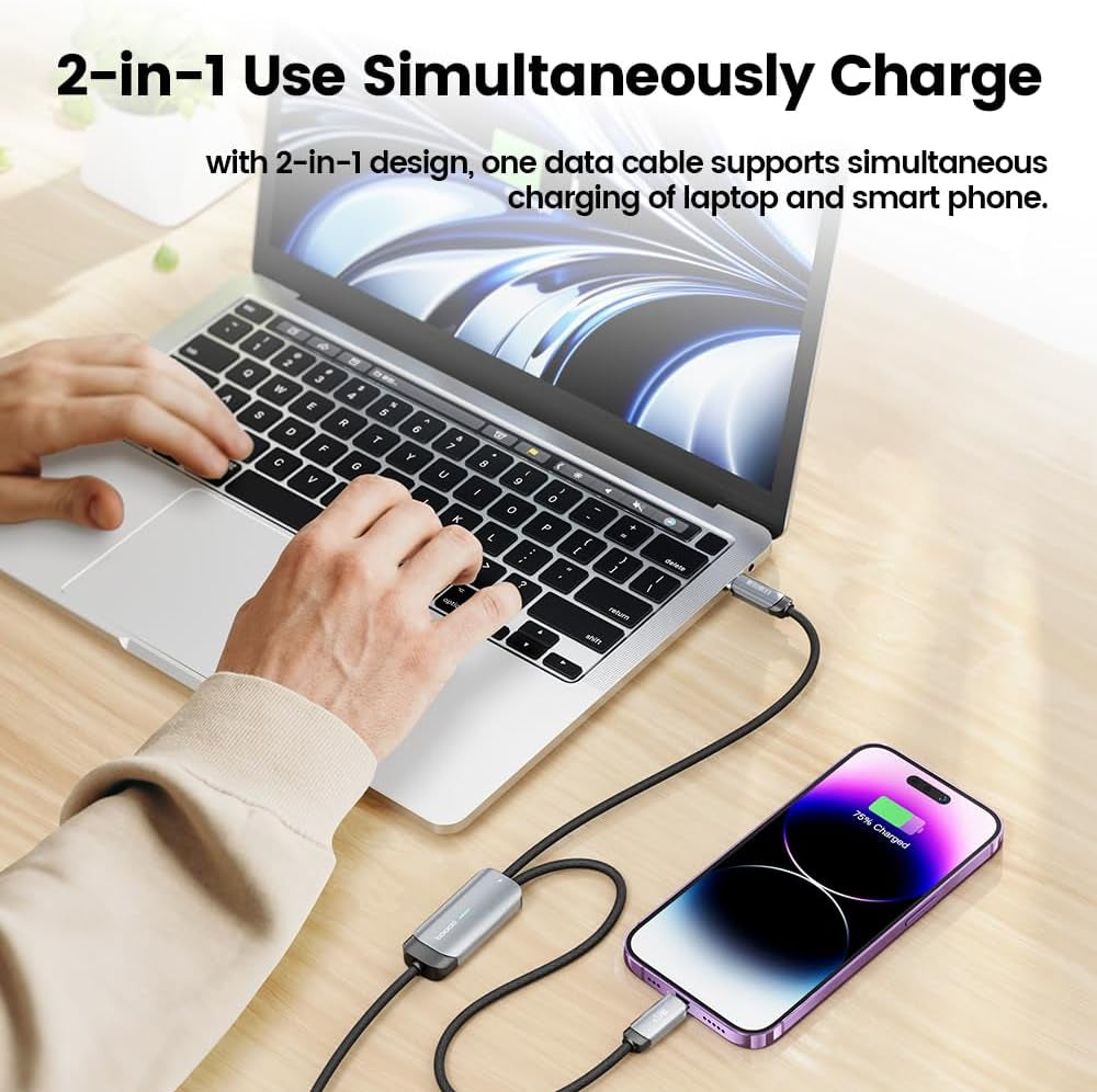 USB-C to Dual Output USB-C Cable and Apple Compatible, 100W Nylon Braided Power Delivery PD with Indicator Light Fast Charger, Nylon Braided Cord Compatible with Galaxy S, Iphone